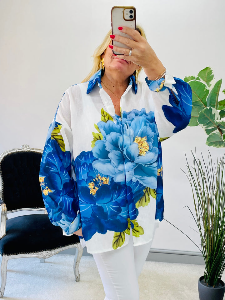 LADIES WOMENS BLUE FLOWER OVERSIZE LINEN SUMMER TOP