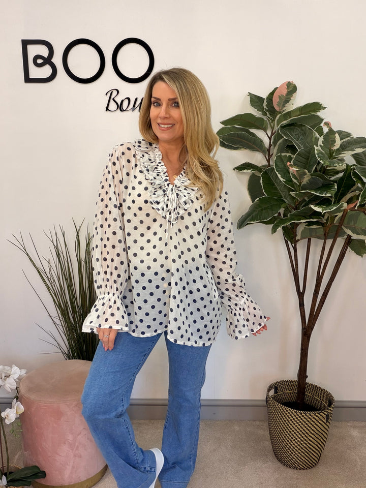 Ladies Fashion White Cotton Polka Dot Pretty Blouse - pink & navy