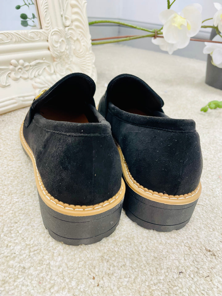 LADIES WOMENS BLACK FAUX SUEDE FLAT LOAFER BROGUE SHOES