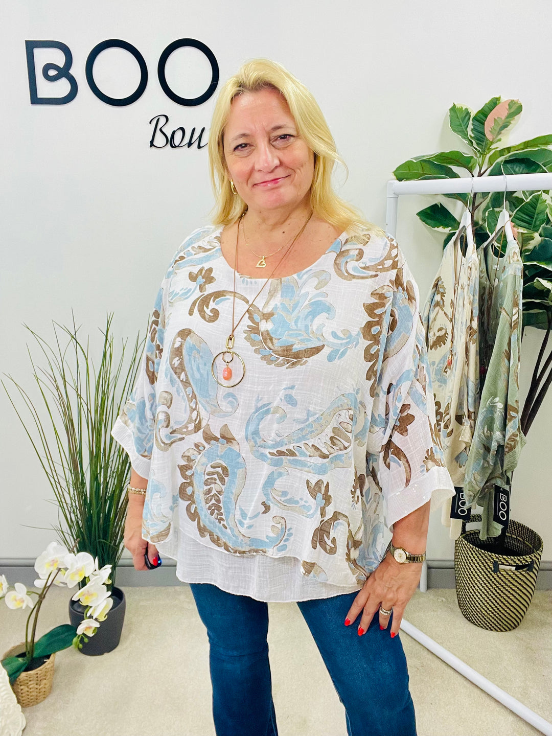 LADIES PAISLEY PRINT LINEN LOOSE FIT TOP - WHITE, BEIGE & KHAKI