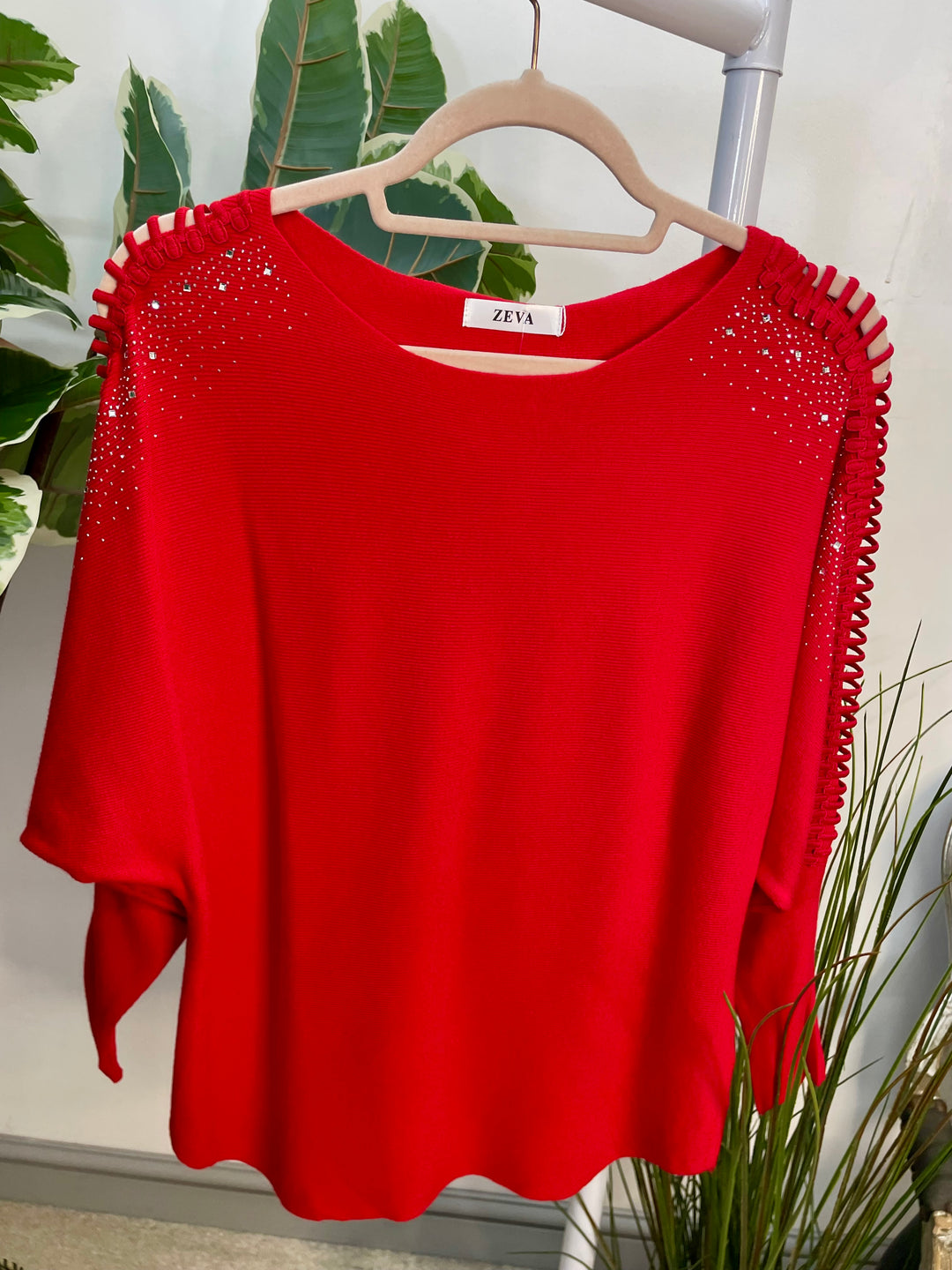 LADIES DIAMANTE BATWING JUMPER RED