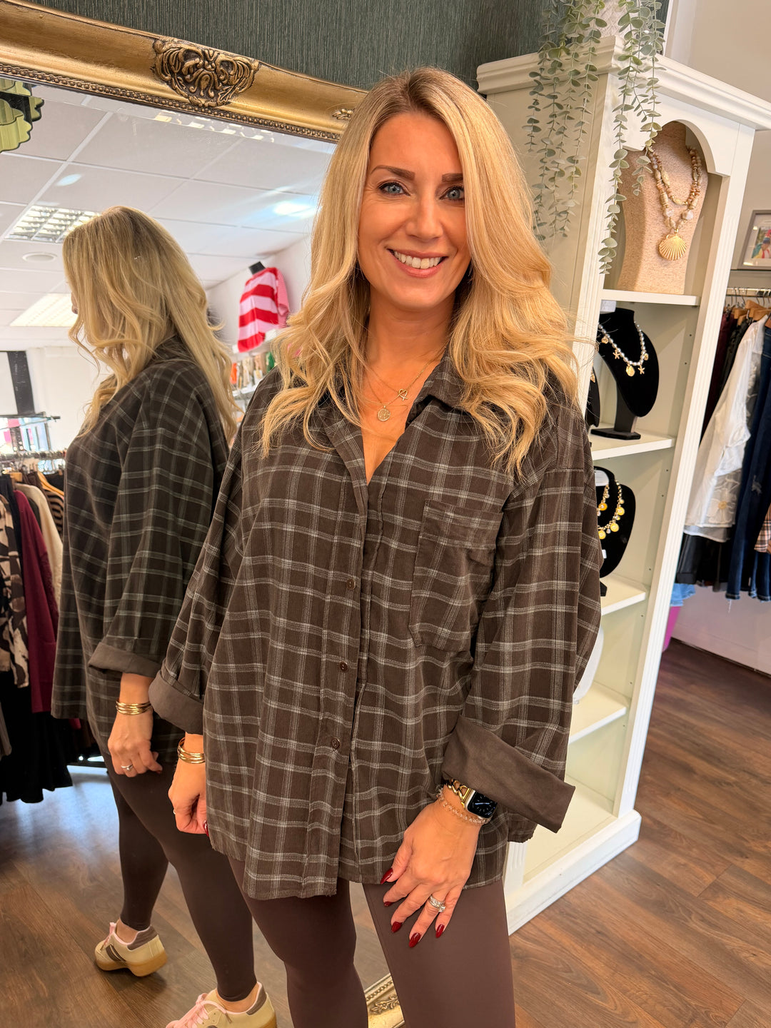 Womens cord check oversize shirt - Wine, Navy, Brown, Khaki