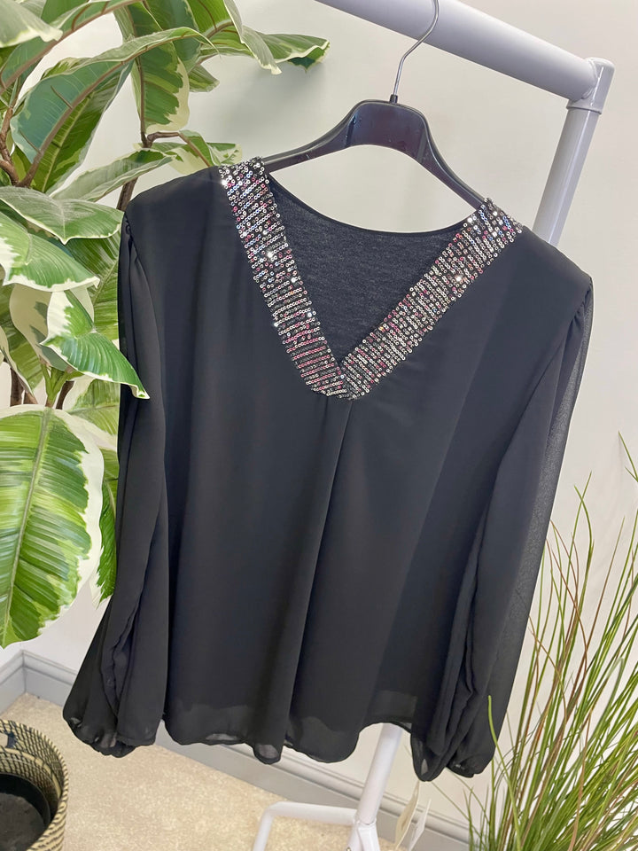 LADIES CHIFFON FLOATY SEQUIN PARTY TOP - BROWN, BLACK, BERRY