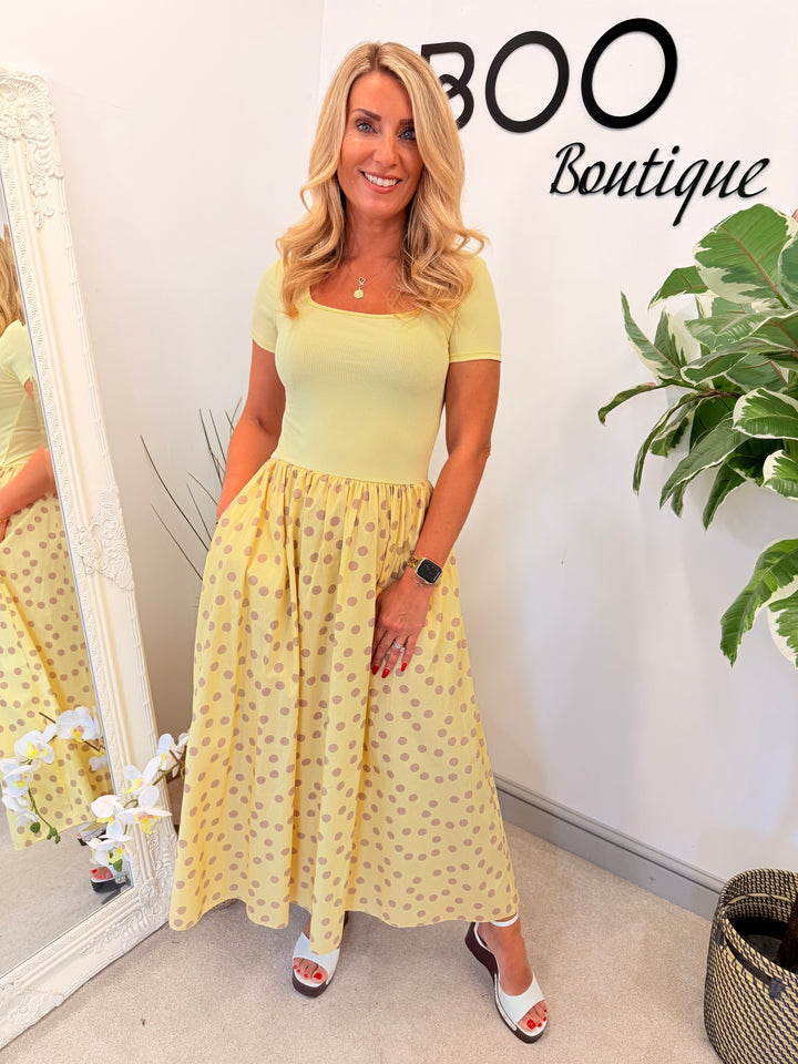 Ladies Fashion T Shirt Polka Dot Midi Dress - Blue, Pink, Black & Lemon