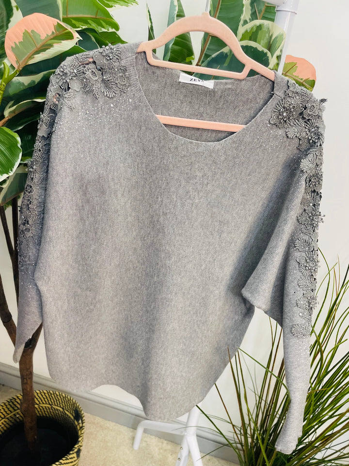 LADIES DIAMANTE SLEEVE BATWING JUMPER GREY