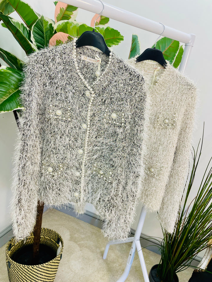 LADIES DESIGNER INSPIRED FLUFFY LUREX CARDIGAN - BEIGE & BLACK