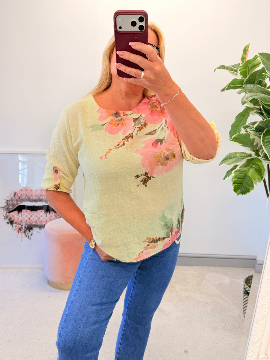 Ladies Fashion Flower Print Light Linen Top - White, Pink & Lemon