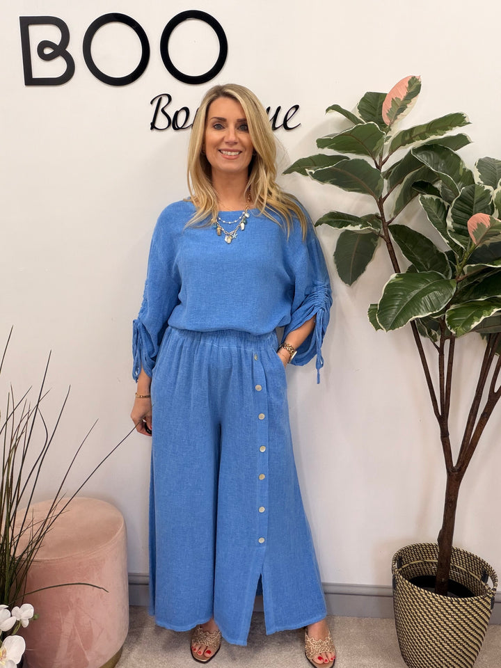 Ladies Fashion Wide Leg Palazzo Teabag Linen Trousers royal blue