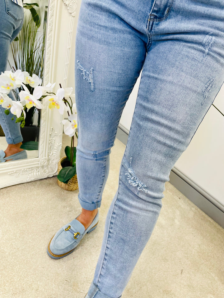LADIES WOMENS BLUE DENIM DISTRESSED SKINNY ANKLE JEANS