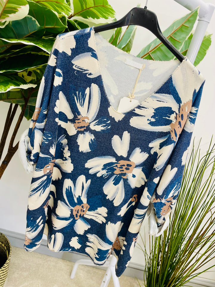LADIES FINE KNIT FLOWER PRINT TOP - NAVY BLUE & BROWN