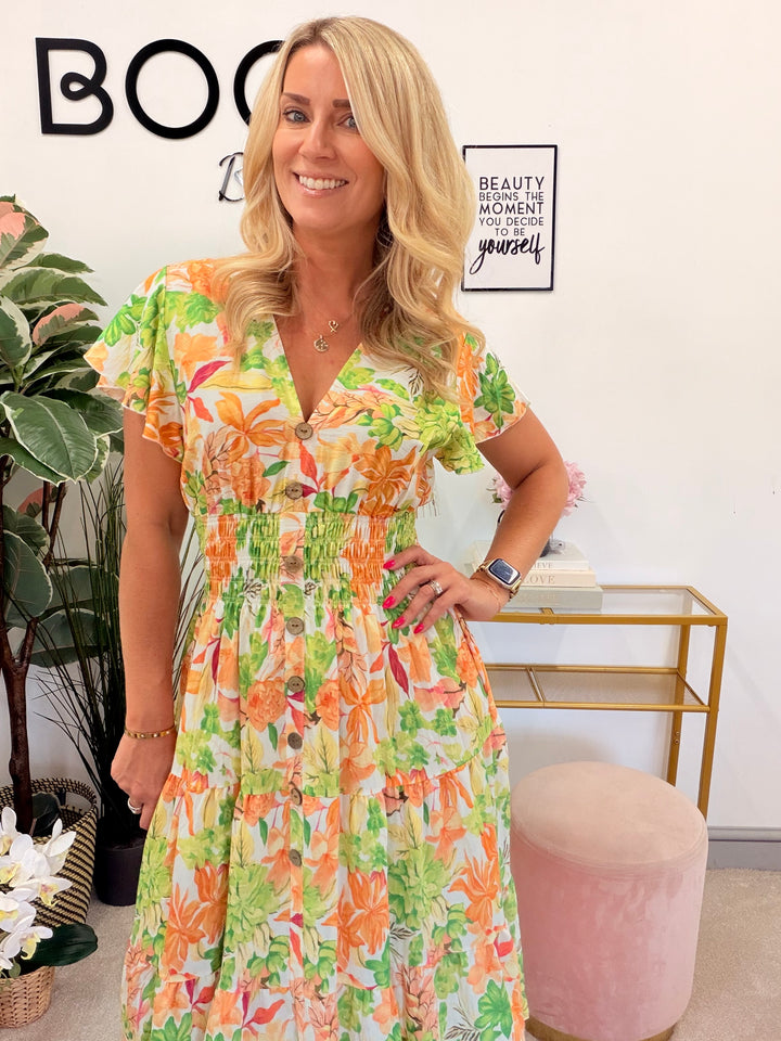 Ladies Floral Print Summer Magic Dress - Blue, Turquoise, Yellow & Green