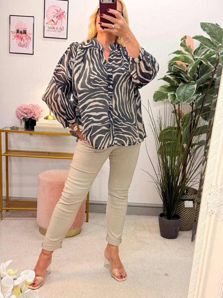 Womens zebra print smock style blouse top - navy & brown