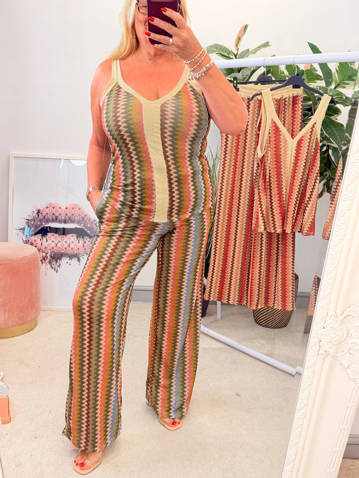 Ladies Fashion Zig Zag Print Wide Leg Trouser Co Ord Set - Khaki & Brown