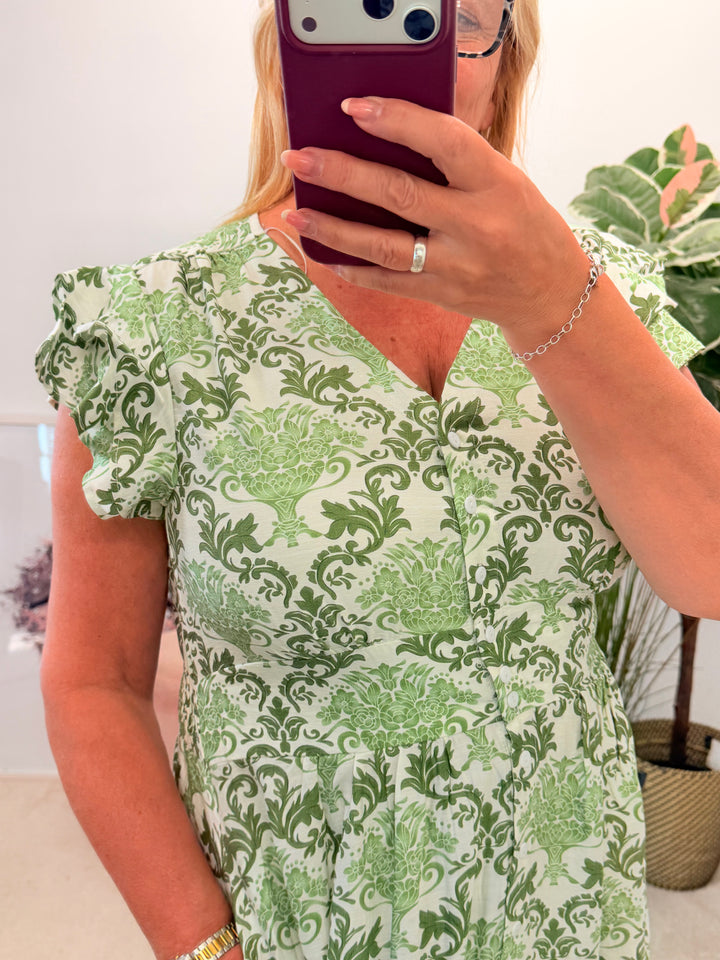 Ladies Green & White Paisley Print Summer Day Dress