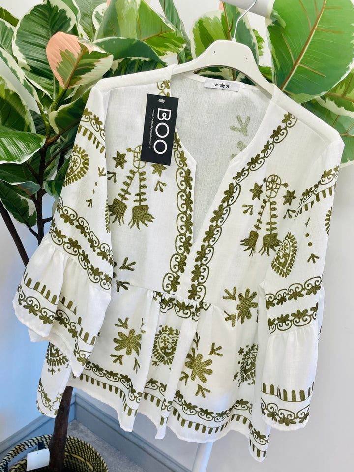 LADIES WOMENS WHITE BOHO SMOCK TOP - BLUE, NAVY & KHAKI
