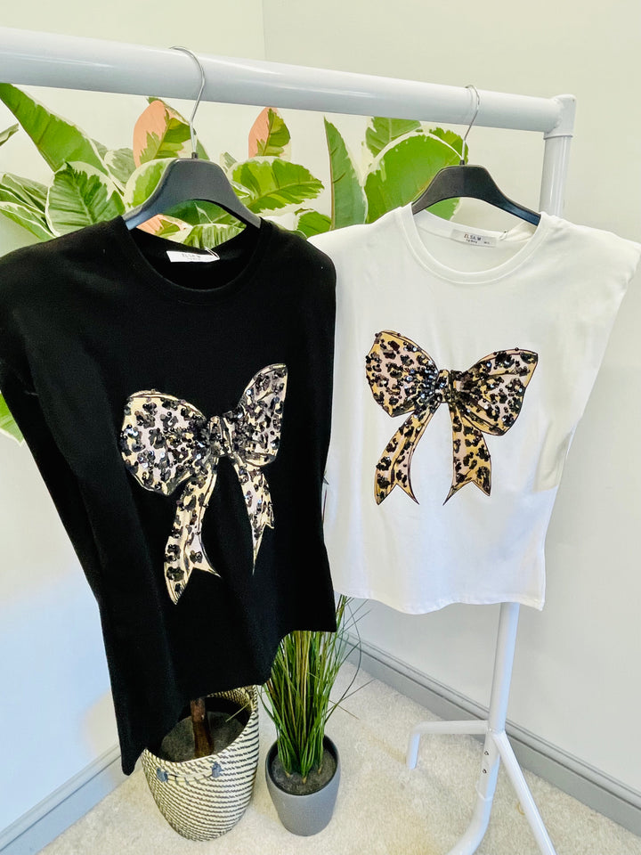 LADIES STRETCH SEQUIN BOW T TEE SHIRT - BLACK & WHITE