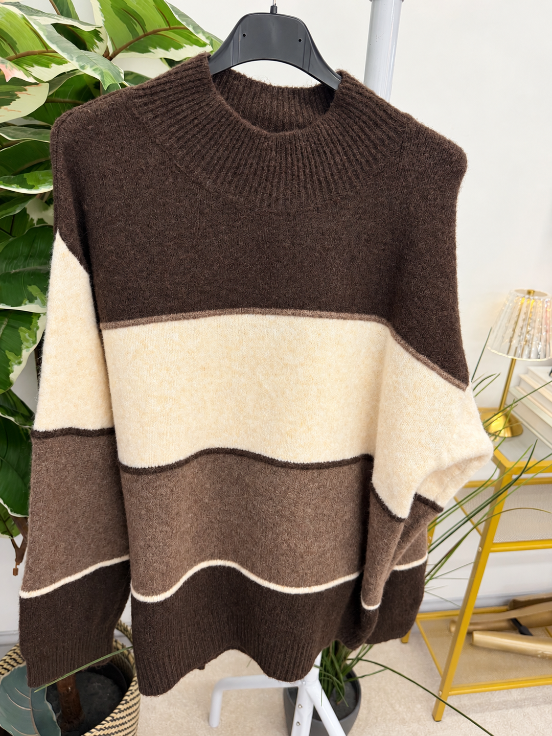Women's colour block stripe jumper - black, mocha, brown & wine