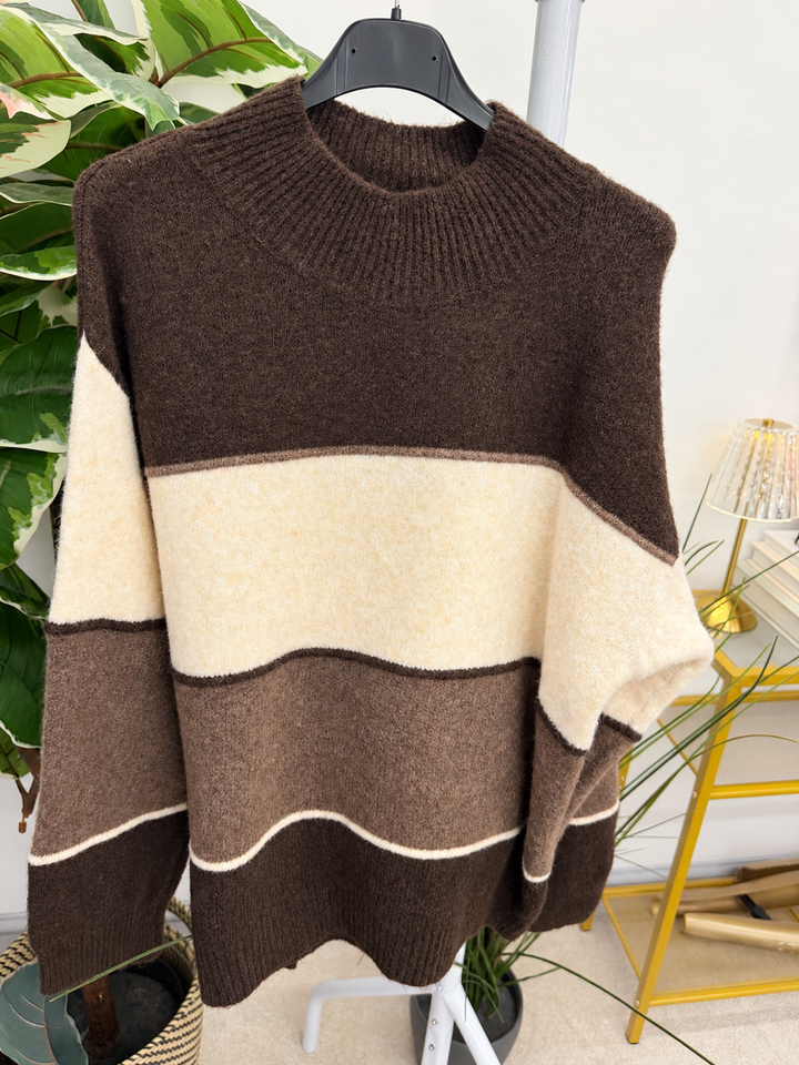 Women's colour block stripe jumper - black, mocha, brown & wine