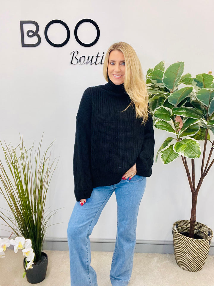 LADIES FISHERMANS CHUNKY KNIT ROLL NECK JUMPER - CREAM, MOCHA, BLACK