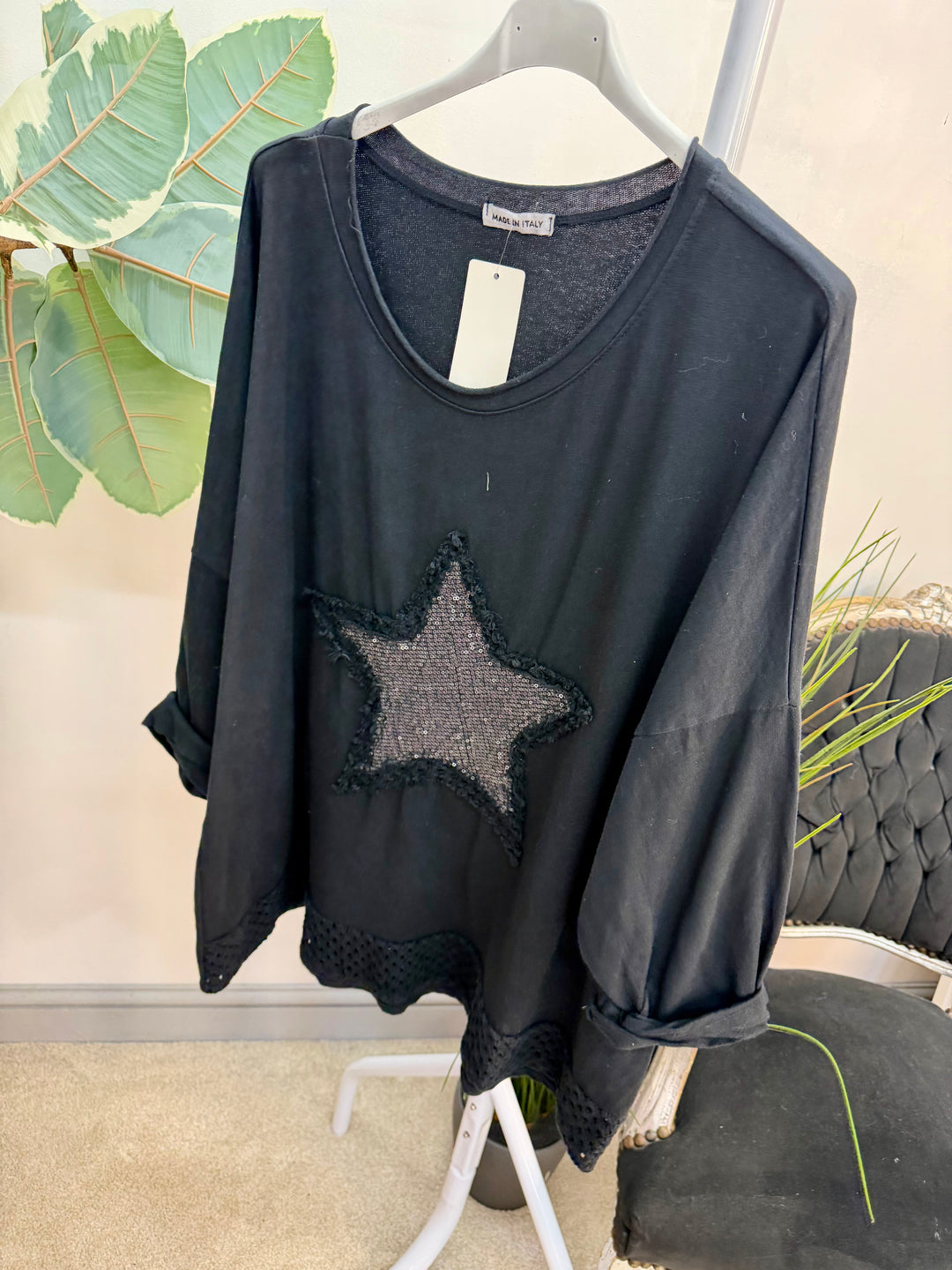 Ladies Fashion Oversize Star Sweatshirt style Top - black, white, pink, raspberry & grey