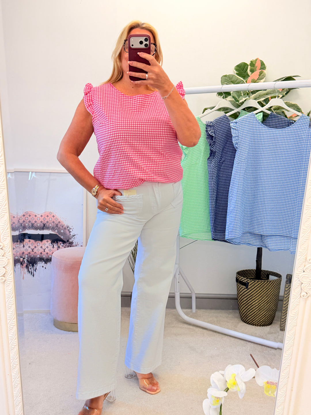 Ladies Gingham Check Summer Top - Pink, Denim Blue, Navy & Green