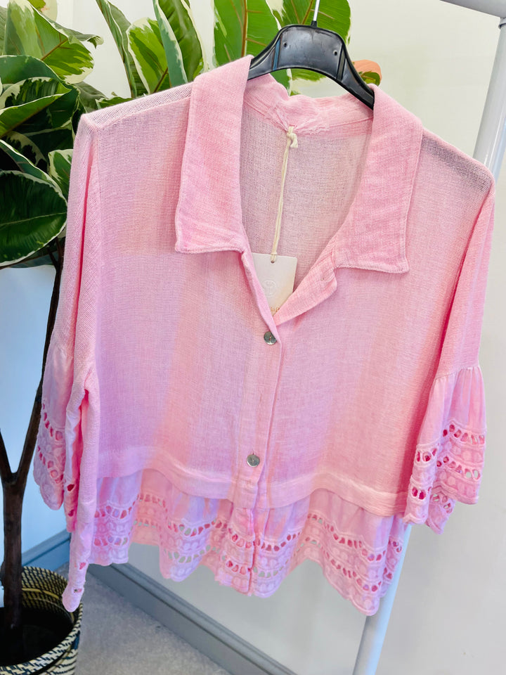 LADIES WOMENS TEA BAG LINEN BRODERIE ANGLAISE TOP - WHITE, PINK, BLUE, YELLOW, BEIGE