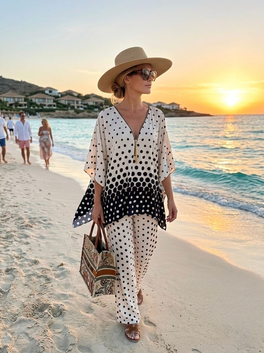 Ladies Cream Polka Dot Trouser Co Ord Set