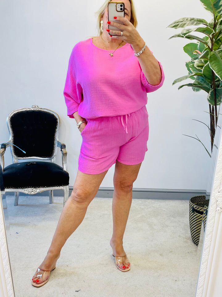 LADIES CHEESECLOTH SUMMER SHORTS CO ORD SET - PINK, NAVY, WHITE, CORAL, KHAKI, BEIGE