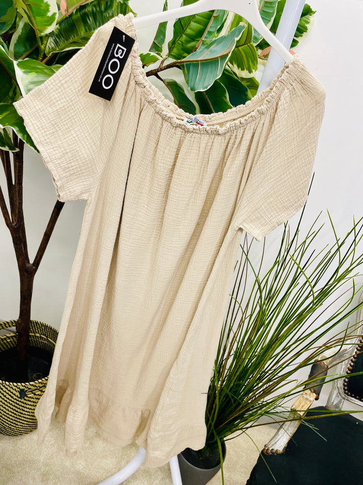 LADIES CHEESECLOTH SUMMER BARDOT MIDI DRESS - NAVY, WHITE, KHAKI, PINK, BLUE