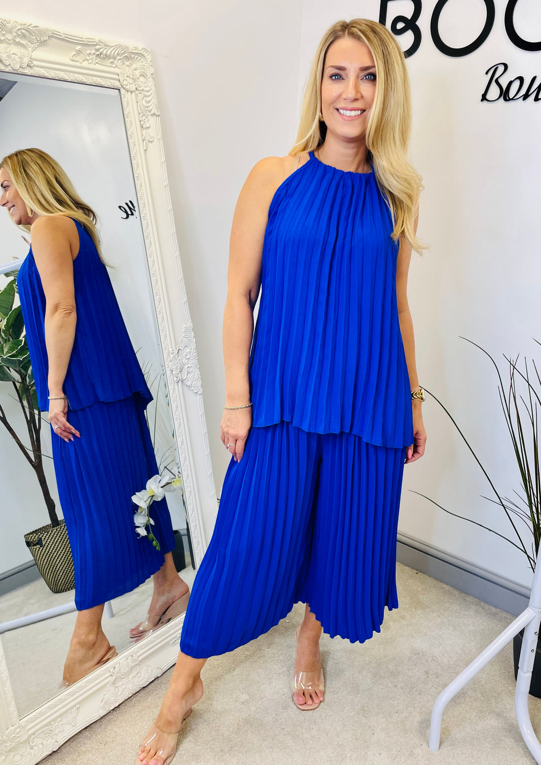 LADIES PLEATED CULOTTE TROUSER CO ORD SET - RED, GREEN, BLACK, NAVY, MOCHA, BLUE