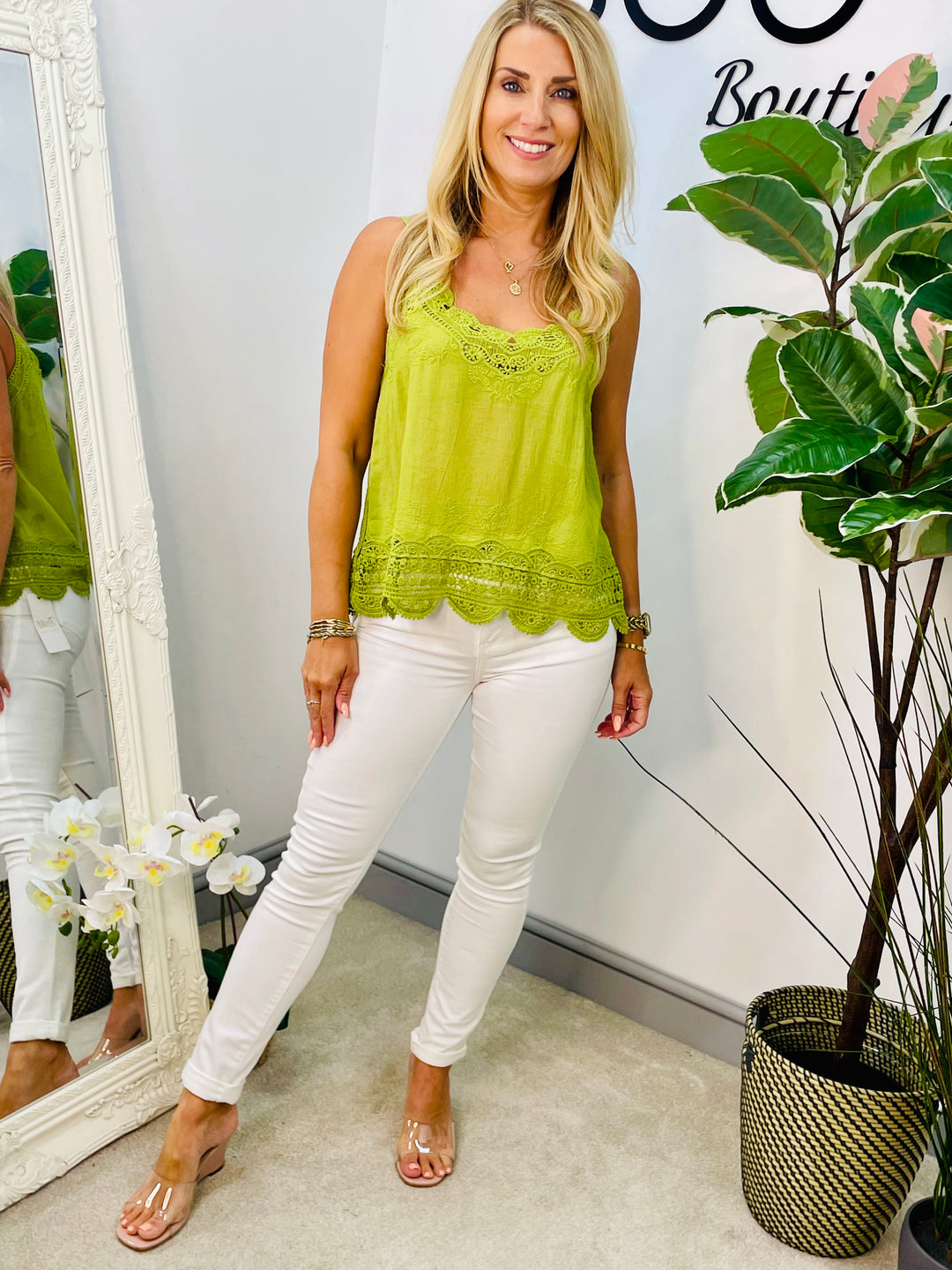 LADIES PRETTY CROCHET LACE CAMI TOP - YELLOW, PINK, WHITE, TURQUOISE, LIME & ORANGE