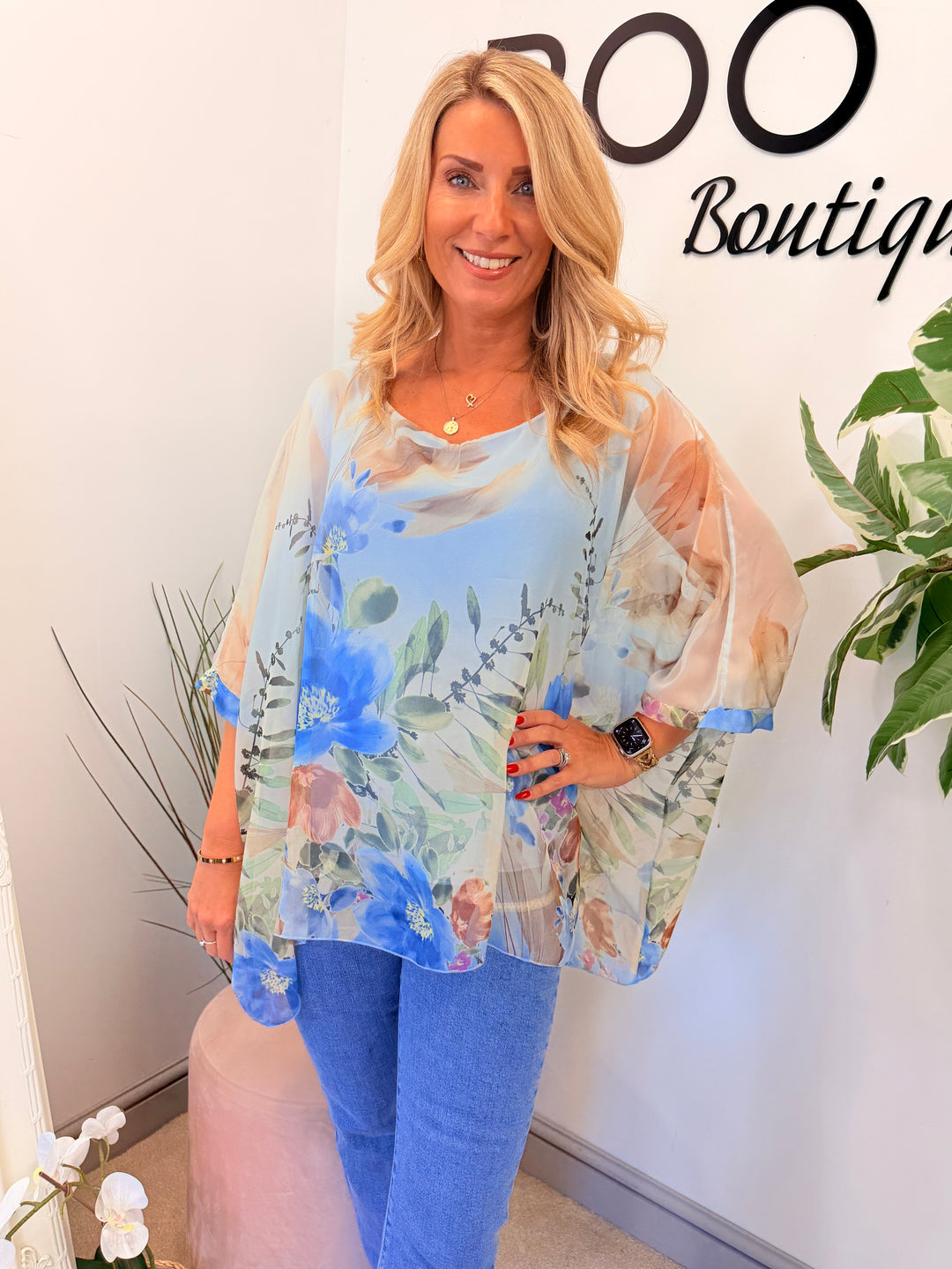 Ladies Flower Print Silky Floaty Summer Top - Pink & Blue