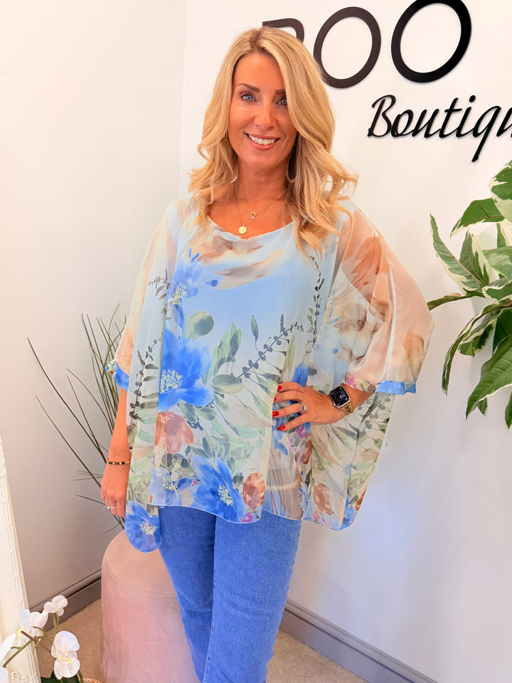 Ladies Flower Print Silky Floaty Summer Top - Pink & Blue