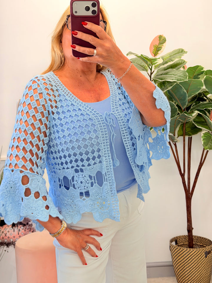 Ladies Fashion Crochet Bolero Cardigan pale blue