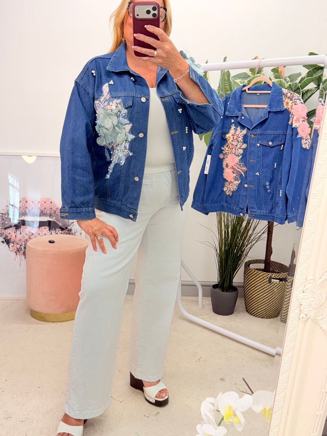 Ladies Blue Denim Applique Flower & Pearl Jacket - Pink & Mint