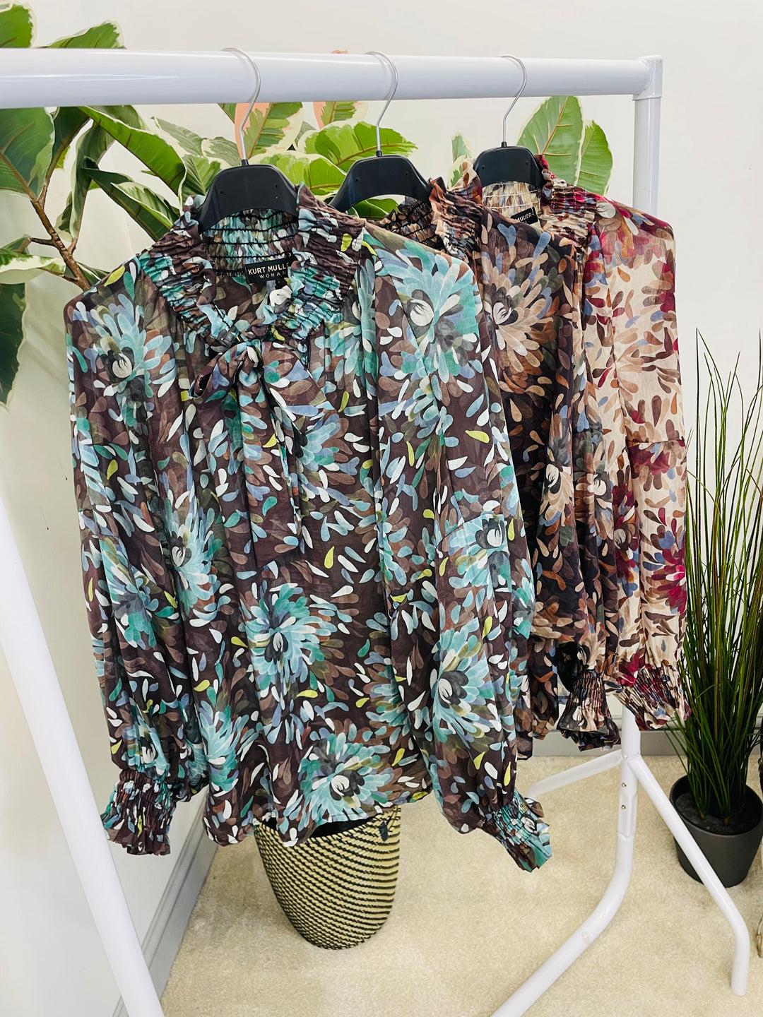 LADIES LEAF PRINT HIGH NECK BLOUSE - BEIGE, BROWN, TEAL