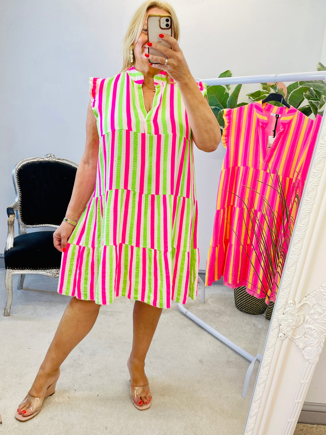 LADIES STRIPE SWING SMOCK SUMMER MIDI DRESS - PINK & WHITE