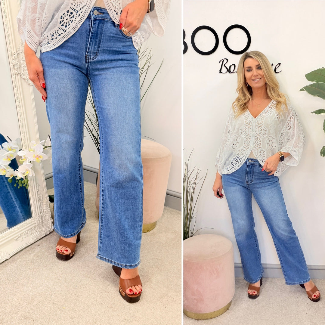 Ladies Fashion Blue High Waist Straight Leg Jeans