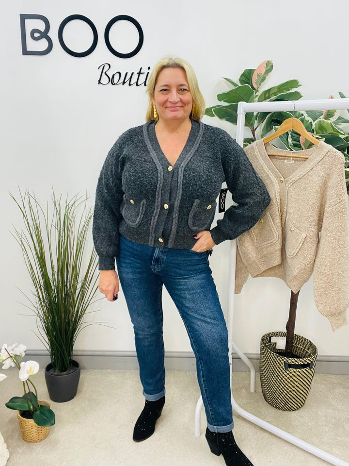 LADIES SOFT THICK CABLE KNIT CARDIGAN - BEIGE & CHARCOAL BLACK