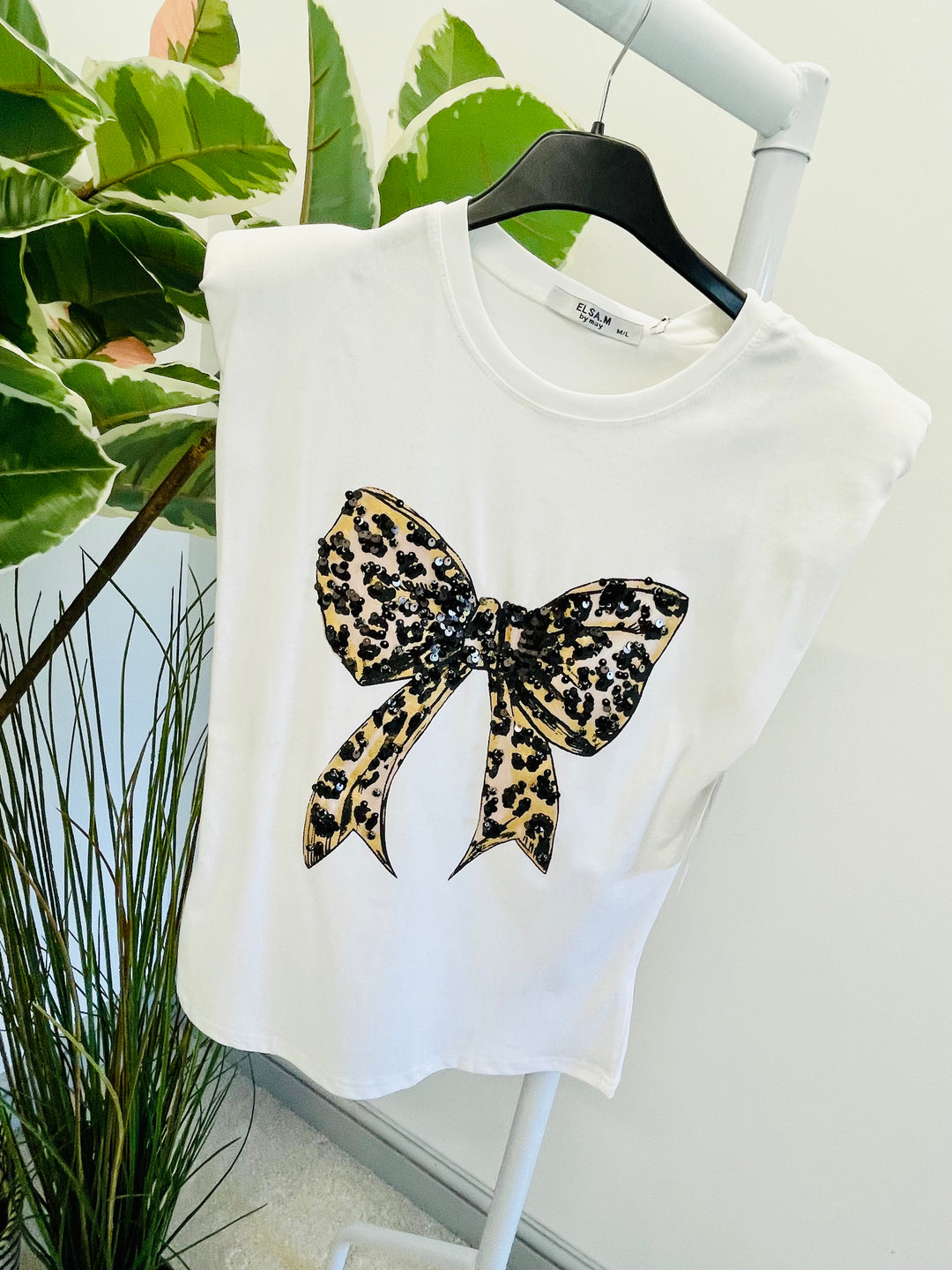 LADIES STRETCH SEQUIN BOW T TEE SHIRT - BLACK & WHITE