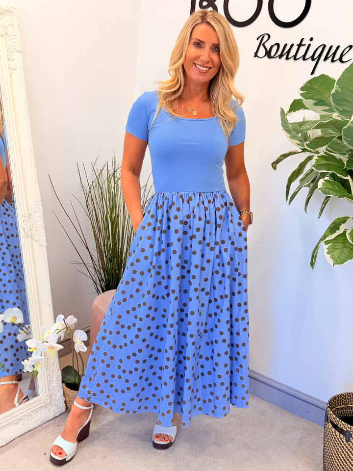 Ladies Fashion T Shirt Polka Dot Midi Dress - Blue, Pink, Black & Lemon