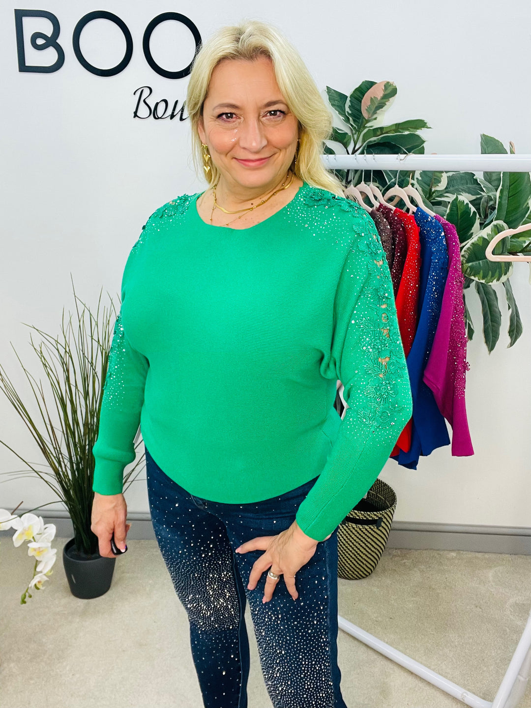 LADIES DIAMANTE SLEEVE BATWING JUMPER GREEN