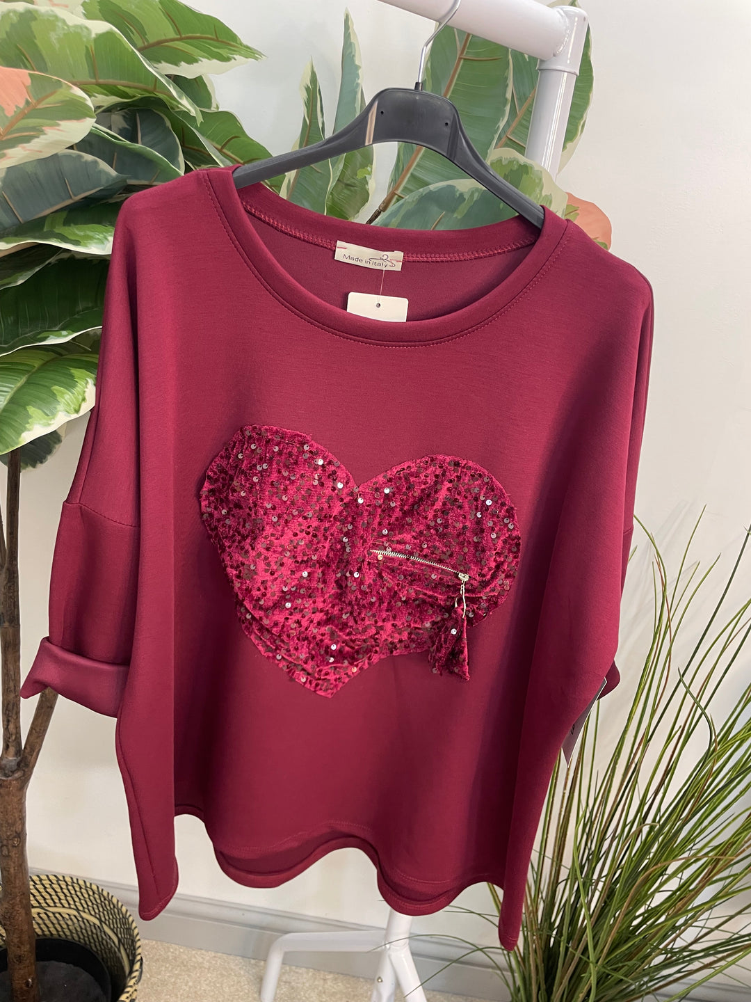LADIES SCUBA SEQUIN HEART SWEATSHIRT TOP - BURGUNDY, BLACK, BROWN, BEIGE