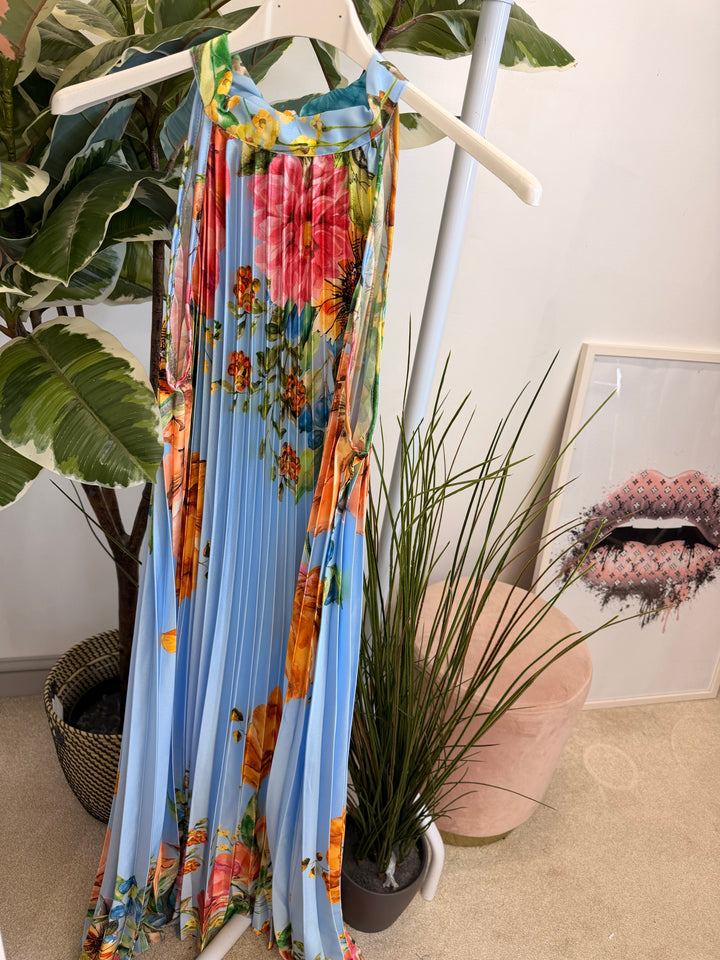Ladies Satin Pleated Flower Print Summer Maxi Dress - Black, Cream & Blue
