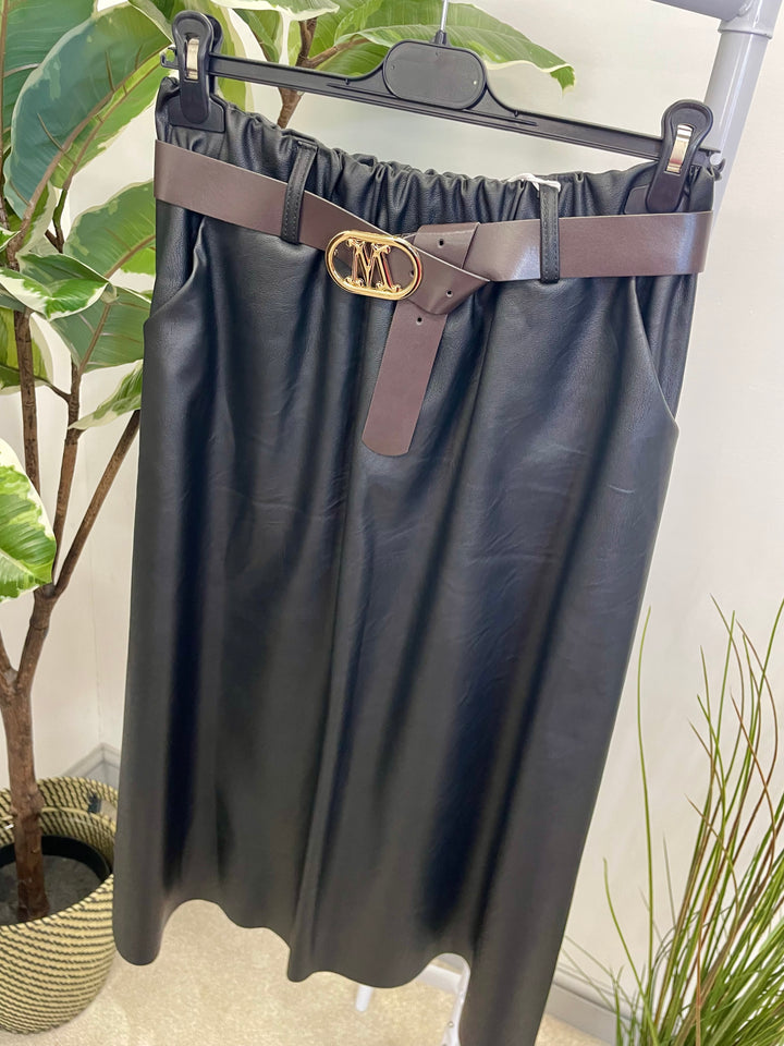 LADIES FAUX LEATHER MIDI SKIRT - CHOCOLATE BROWN & BLACK