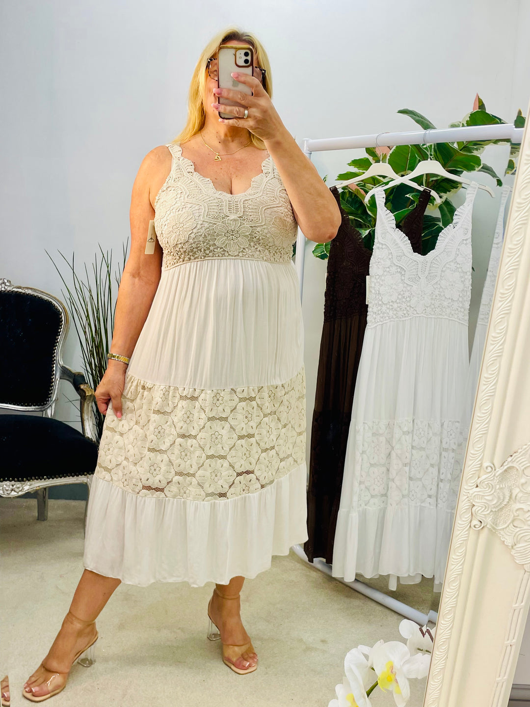 LADIES CROCHET BOHO FEMININE PRETTY SUMMER DRESS - BEIGE, WHITE & BROWN