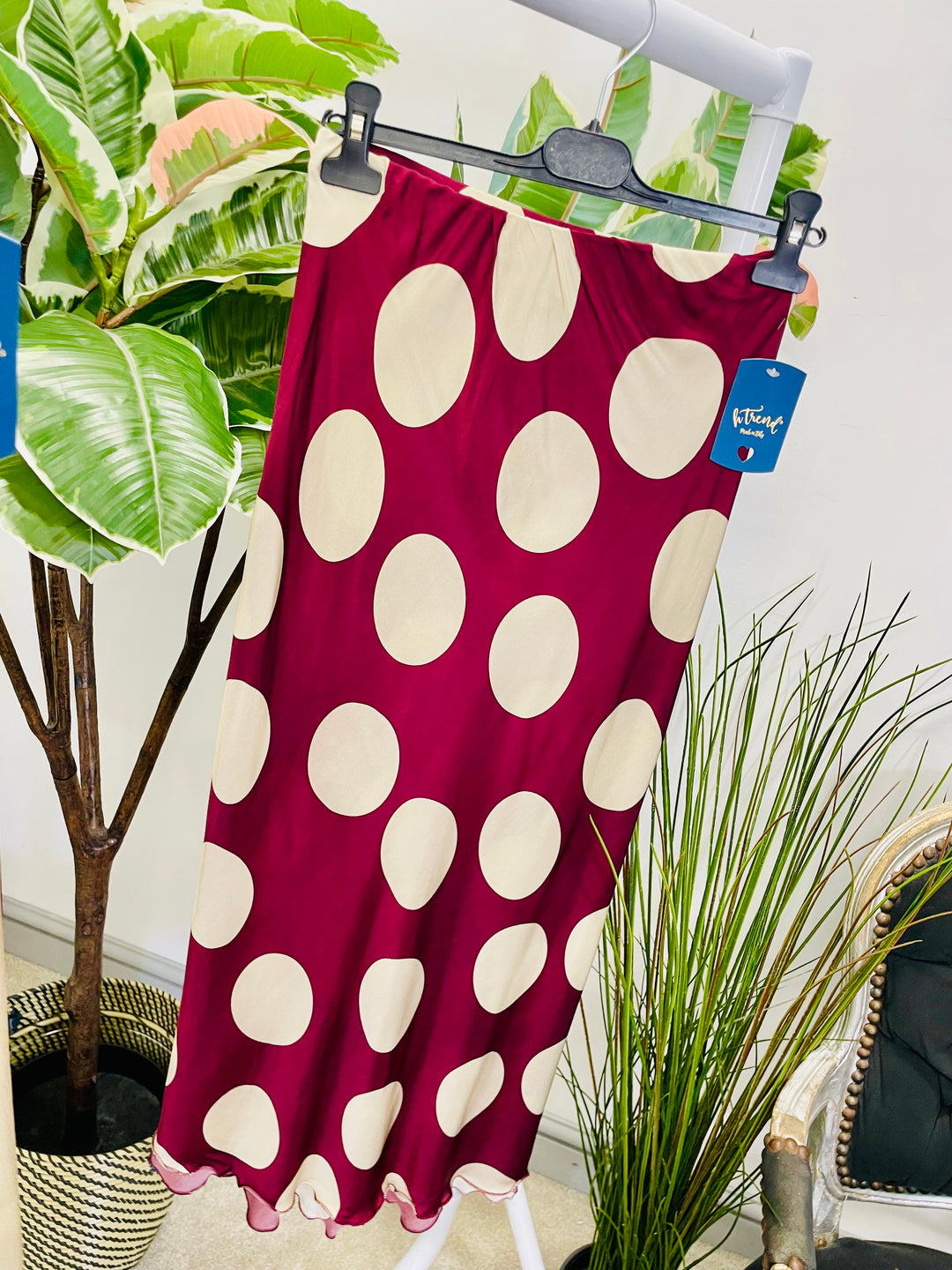 LADIES POLKA DOT SATIN MAXI SKIRT - CHOCOLATE BROWN, BURGUNDY & BEIGE