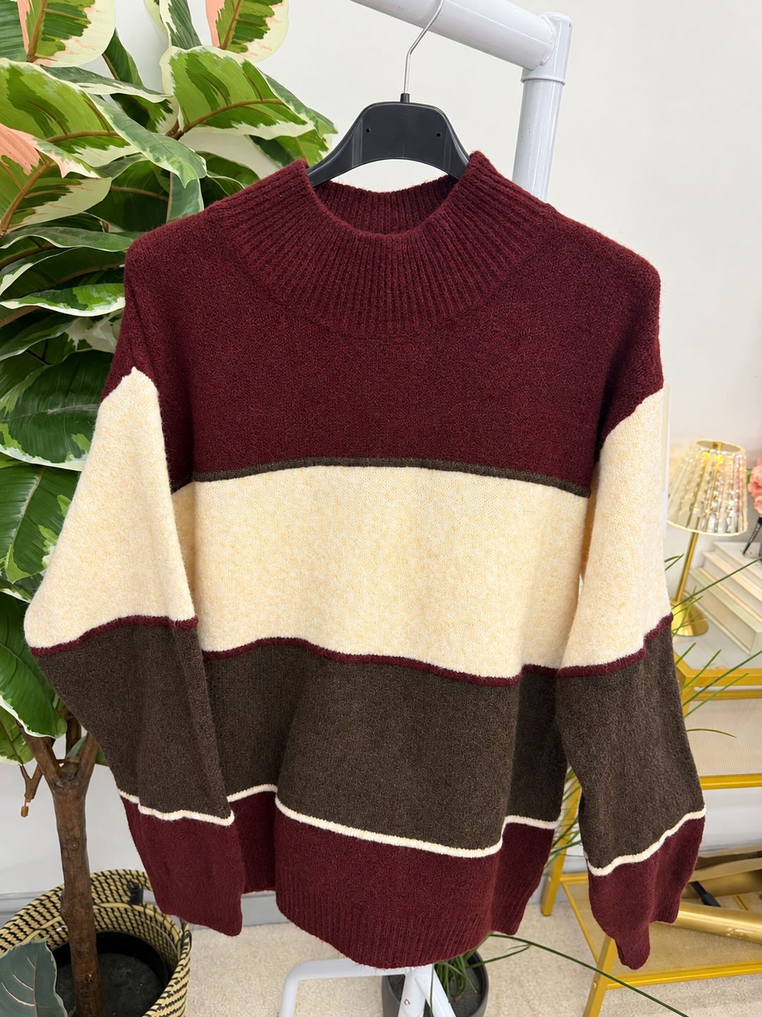Women's colour block stripe jumper - black, mocha, brown & wine