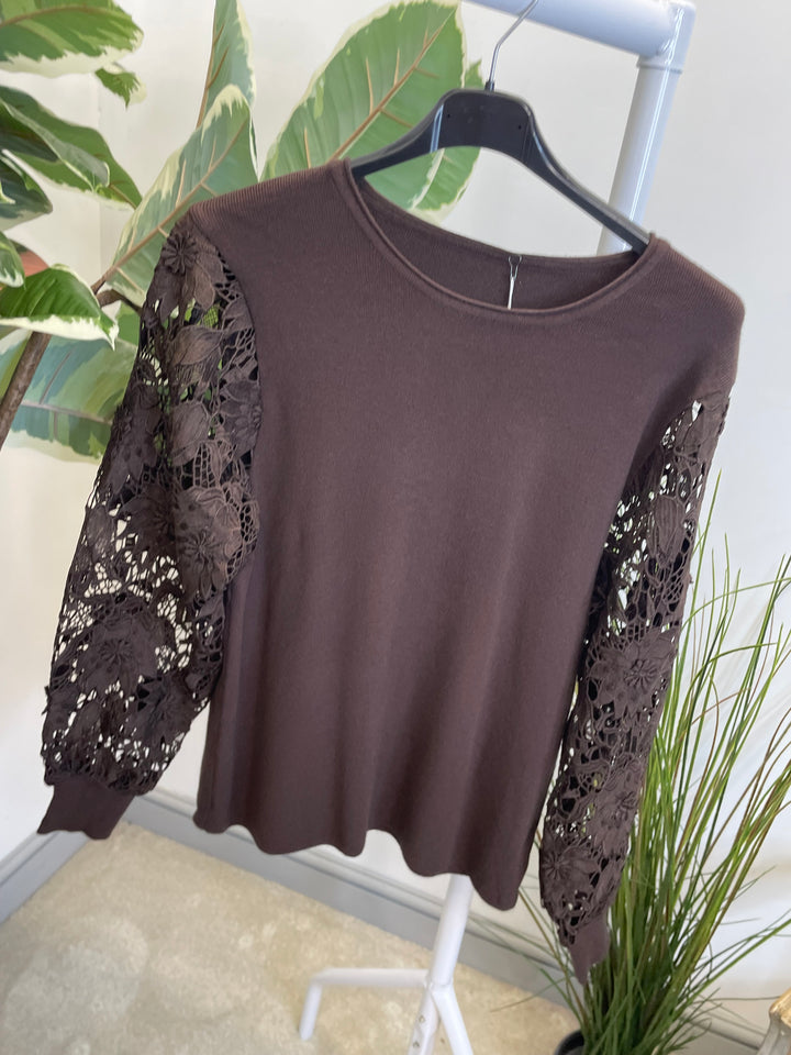 LADIES LACE SLEEVE JUMPER - BLACK, PINK, RED, BERRY,  BROWN & BEIGE
