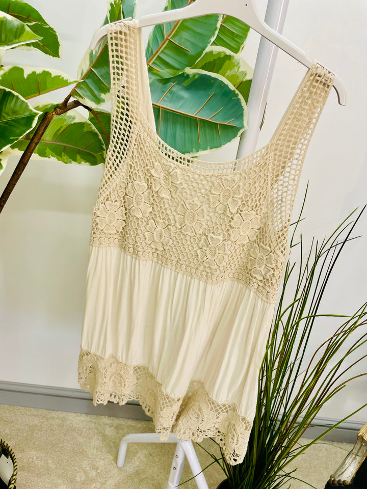 LADIES CROCHET & LACE SUMMER CAMI TOP - WHITE, LEMON, BLUE, PINK, KHAKI, BLACK